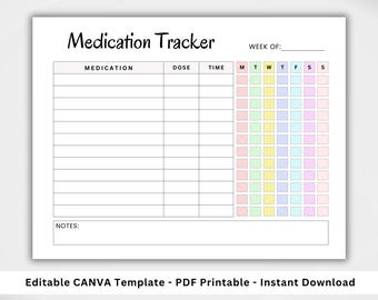Weekly Medication Tracker. Medication Log. Printable Medication Schedule. Supplement Log. Medication List. Medicine Intake Tracker CANVA/PDF