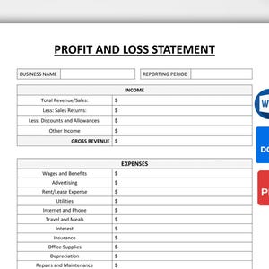 Könnte beinhalten: Ein weißes Dokument mit dem Titel "PROFIT AND LOSS STATEMENT" mit Abschnitten für Einnahmen und Ausgaben. Enthält Felder für Firmennamen und Berichtszeitraum. Symbole für Word-, DOC- und PDF-Dateien befinden sich rechts.