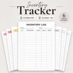 May include: An inventory tracker printable PDF document in US Letter and A4 sizes with 6 colour options. The inventory log features columns for SKU, item description, sold quantity, stock quantity, and need quantity, with lines for start and end dates.