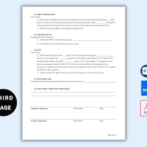 May include: A legal document titled "Third Page" with sections for early termination, smoking policy, pets, applicable law, and additional terms and conditions. The document includes checkboxes for various options and spaces for signatures and dates.