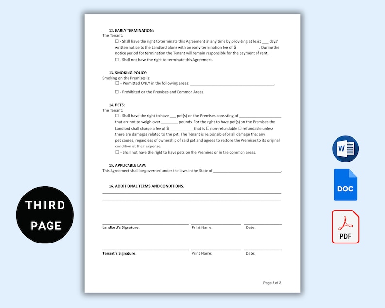 May include: A legal document titled "Third Page" with sections for early termination, smoking policy, pets, applicable law, and additional terms and conditions. The document includes checkboxes for various options and spaces for signatures and dates.