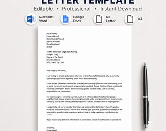 Character Letter to Judge Template, Editable Court Character Reference and Supporting Letter, Google Docs & Microsoft Word