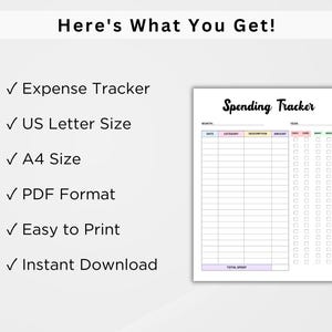 Puede incluir: Un rastreador de gastos blanco con el t&iacute;tulo "Spending Tracker" en escritura negra. El rastreador incluye secciones para la fecha, la categor&iacute;a, la descripci&oacute;n, la cantidad y los m&eacute;todos de pago. El texto de la izquierda dice "Here's What You Get!" y enumera las caracter&iacute;sticas.
