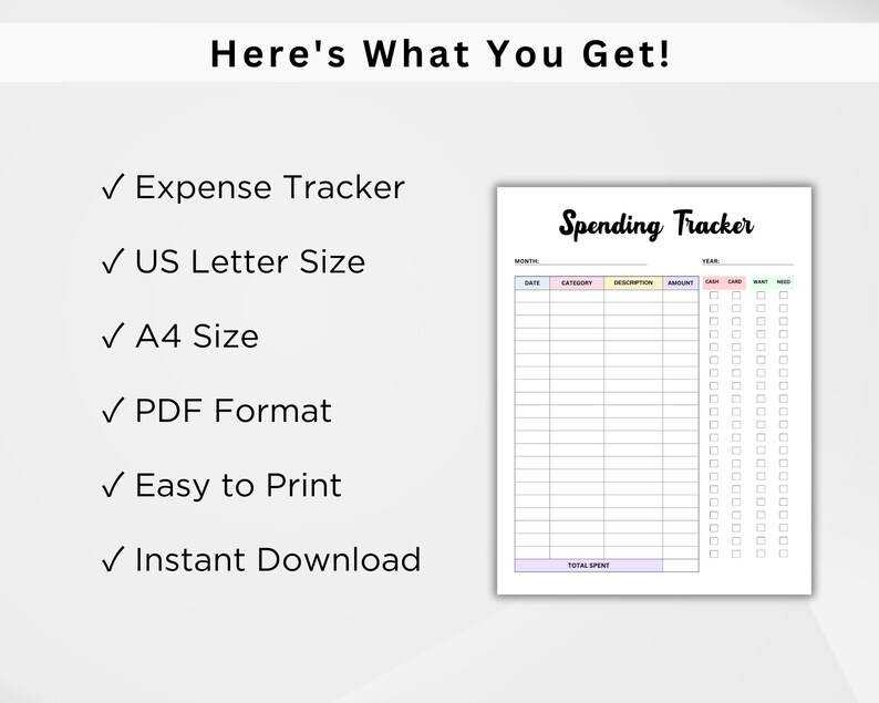Puede incluir: Un rastreador de gastos blanco con el t&iacute;tulo "Spending Tracker" en escritura negra. El rastreador incluye secciones para la fecha, la categor&iacute;a, la descripci&oacute;n, la cantidad y los m&eacute;todos de pago. El texto de la izquierda dice "Here's What You Get!" y enumera las caracter&iacute;sticas.