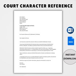 Plantilla de carta de recomendación de carácter para el tribunal editable. Referencia personalizada para el tribunal. Carta de recomendación de carácter para el tribunal