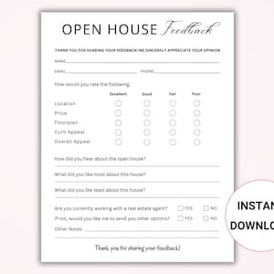 Könnte beinhalten: Ein schwarzweißes Feedback-Formular für ein offenes Haus mit Abschnitten für Name, E-Mail, Telefon, Lage, Preis, Grundriss, Straßenbild, Gesamteindruck, wie Sie von dem offenen Haus erfahren haben, was Ihnen an diesem Haus am besten gefallen hat, was Ihnen an diesem Haus am wenigsten gefallen hat, arbeiten Sie derzeit mit einem Immobilienmakler zusammen, wenn nicht, möchten Sie, dass ich Ihnen andere Optionen schicke, und weitere Anmerkungen. Das Formular enthält auch eine Dankesbotschaft für das Teilen Ihres Feedbacks.