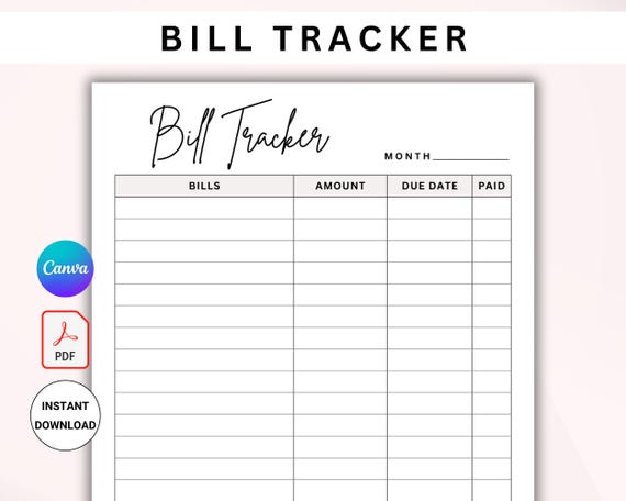 Editable Bill Tracker. Monthly Bill Log. Bill Planner. Bill Payment Checklist. Bill Pay Organizer. Bill Management. Bill Payment Log.  PDF