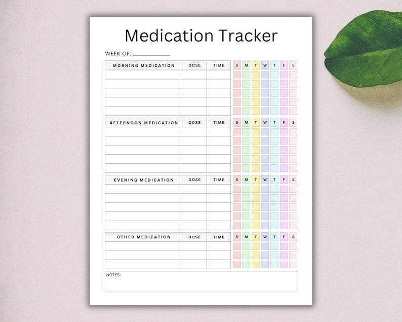 May include: A printable medication tracker with a rainbow color scheme. The tracker includes sections for morning, afternoon, evening, and other medications. Each section has columns for dose, time, and days of the week. There is also a notes section at the bottom.