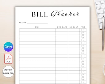 Monthly Bill Checklist Tracker Printable, Bill Payment Log, Bill Planner, Bill Pay Organizer PDF