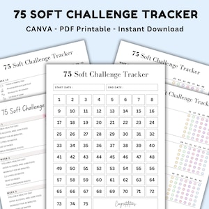 Editable 75 Soft Challenge Tracker. Printable 75 Day Challenge Tracker. Fitness & Health Journal. Weight Loss Challenge PDF. CANVA Template