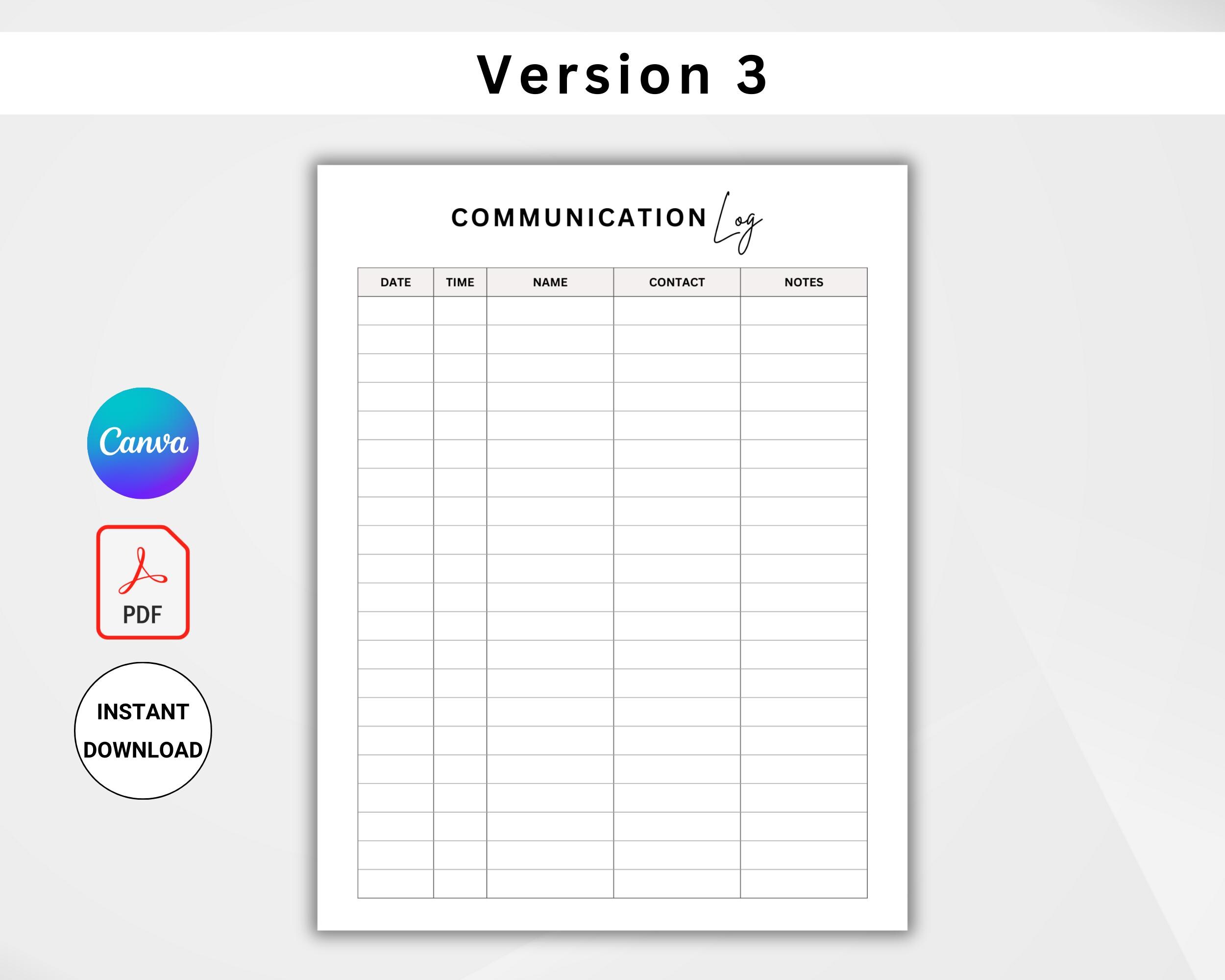 Printable Communication Log, Parent Communication Record, Call Log ...