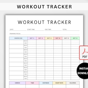 May include: A printable workout tracker with sections for date, start time, end time, total, training focus, exercise, sets 1-6, cardio, time, distance, heart rate, and calories. The tracker has a light blue, pink, yellow, and green color scheme.