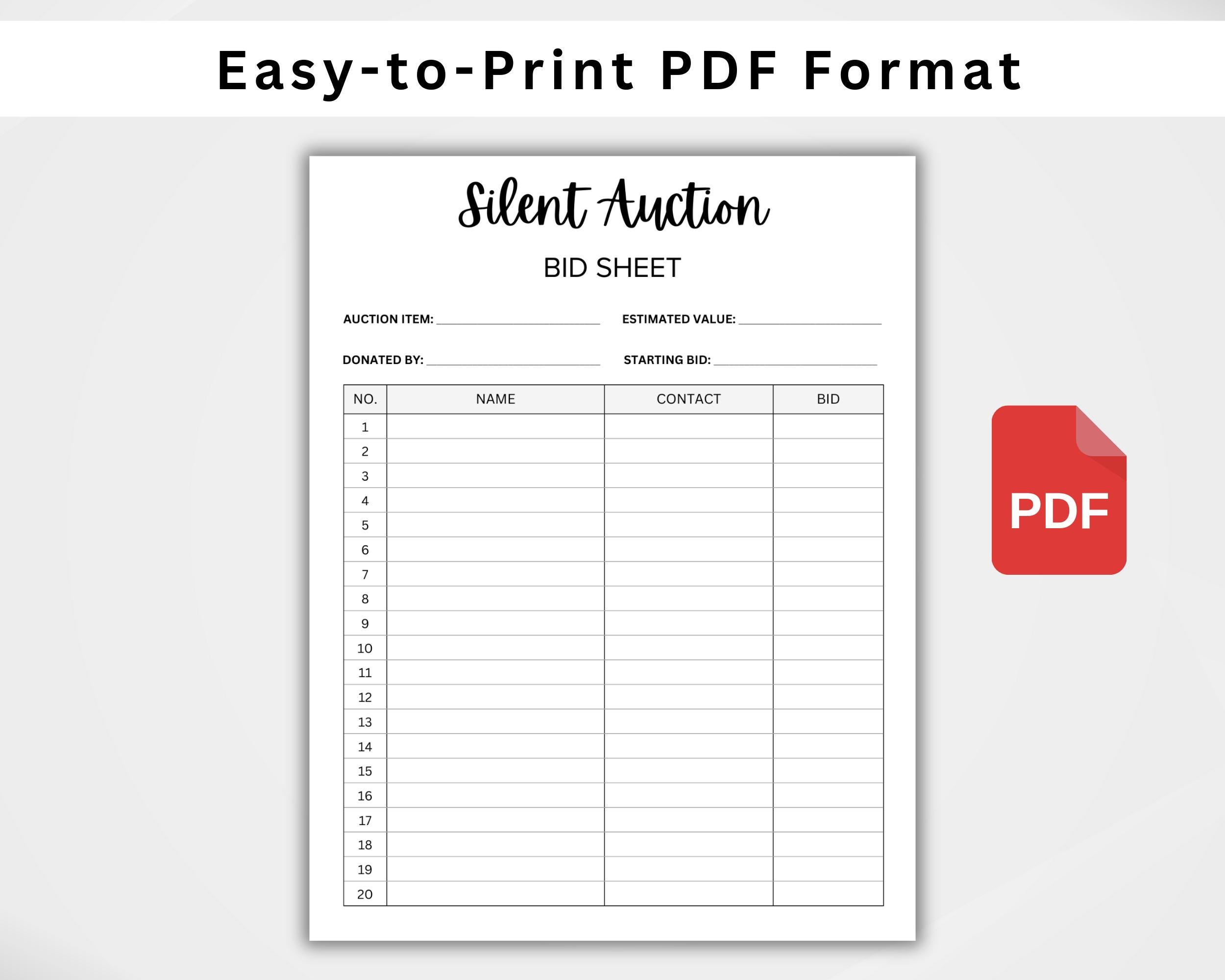 Printable Silent Auction Bid Sheet. Silent Auction Sign up Sheet. Silent Auction Bidding Sheet ...