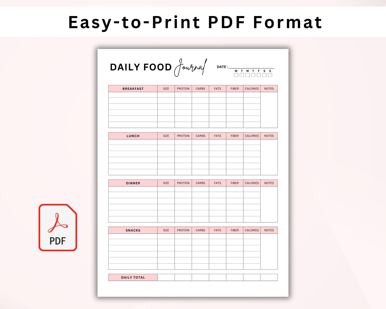 Food Journal Printable | Daily Calorie Tracker | Meal Tracker & Food ...