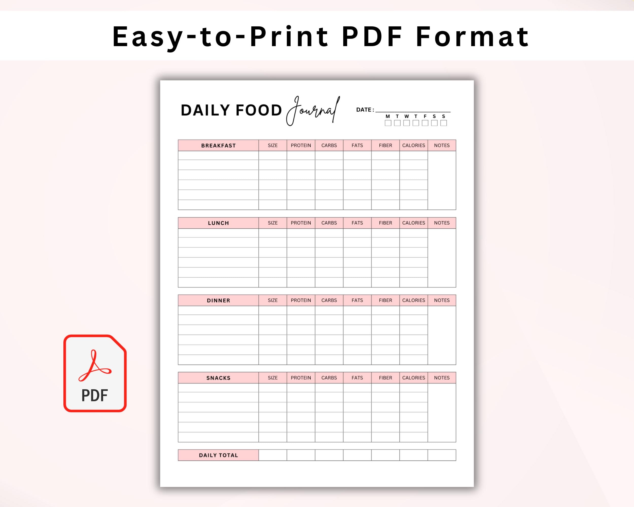 Food Journal Printable | Daily Calorie Tracker | Meal Tracker & Food ...