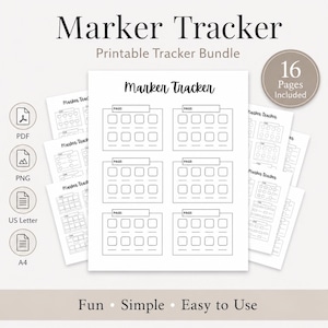 Könnte beinhalten: Ein druckbares Marker-Tracker-Paket mit 16 Seiten schwarz-weißer Organisationsvorlagen. Jedes Blatt enthält eine Marker-Tracker-Überschrift und mehrere rechteckige Kästchen zur Fortschrittsverfolgung sowie Symbole für PDF, PNG, US Letter und A4-Formate.