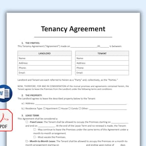 May include: A black and white printable tenancy agreement form with the title "Tenancy Agreement" at the top. The form includes sections for the landlord and tenant's names, addresses, phone numbers, and email addresses. The form also includes sections for the property address, residence type, and lease term.