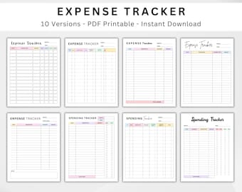 May include: A digital download featuring ten versions of expense and spending trackers. The top of the image reads "EXPENSE TRACKER" in bold black letters. The trackers are in a grid format with columns for date, description, and amount. The text "PDF Printable - Instant Download" is also included.