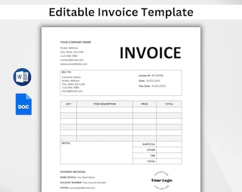 Minimalist invoice template word, invoice template google doc, Small Business invoice editable, Billing template, Invoice form, receipt Form