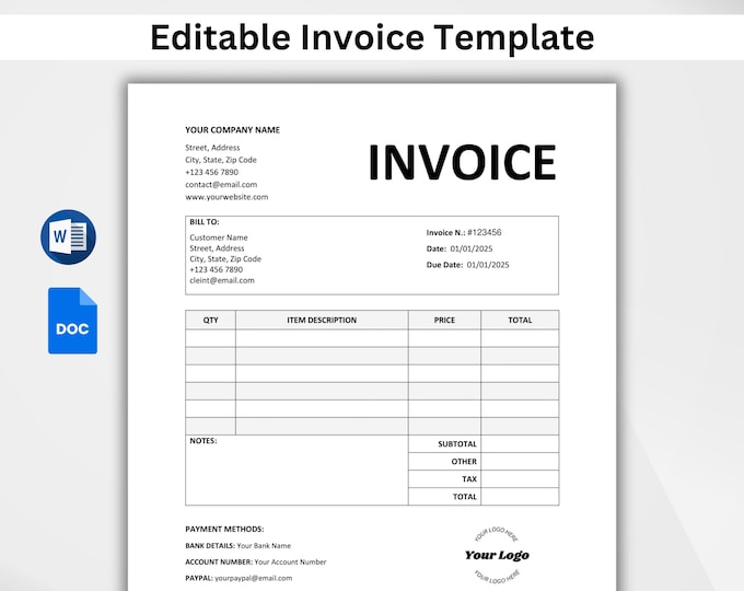 Editable Invoice Template: Printable Microsoft Word Invoice (A4 & US ...