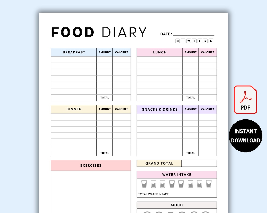 Printable Daily Food Journal | Calorie Tracker & Meal Planner | Fitness ...