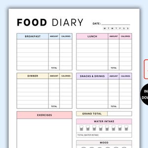 Printable Daily Food Journal. Daily Calorie Tracker. Calorie Counting. Food Diary. Fitness Diet. Meal Journal. Food Planner. Food Log. PDF