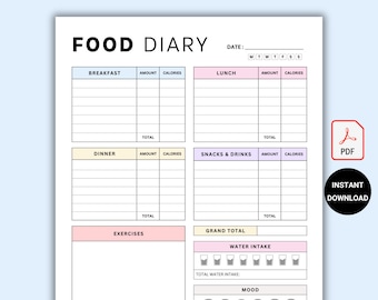 Printable Daily Food Journal | Calorie Tracker & Meal Planner | Fitness Diet Diary Log | Weight Loss PDF