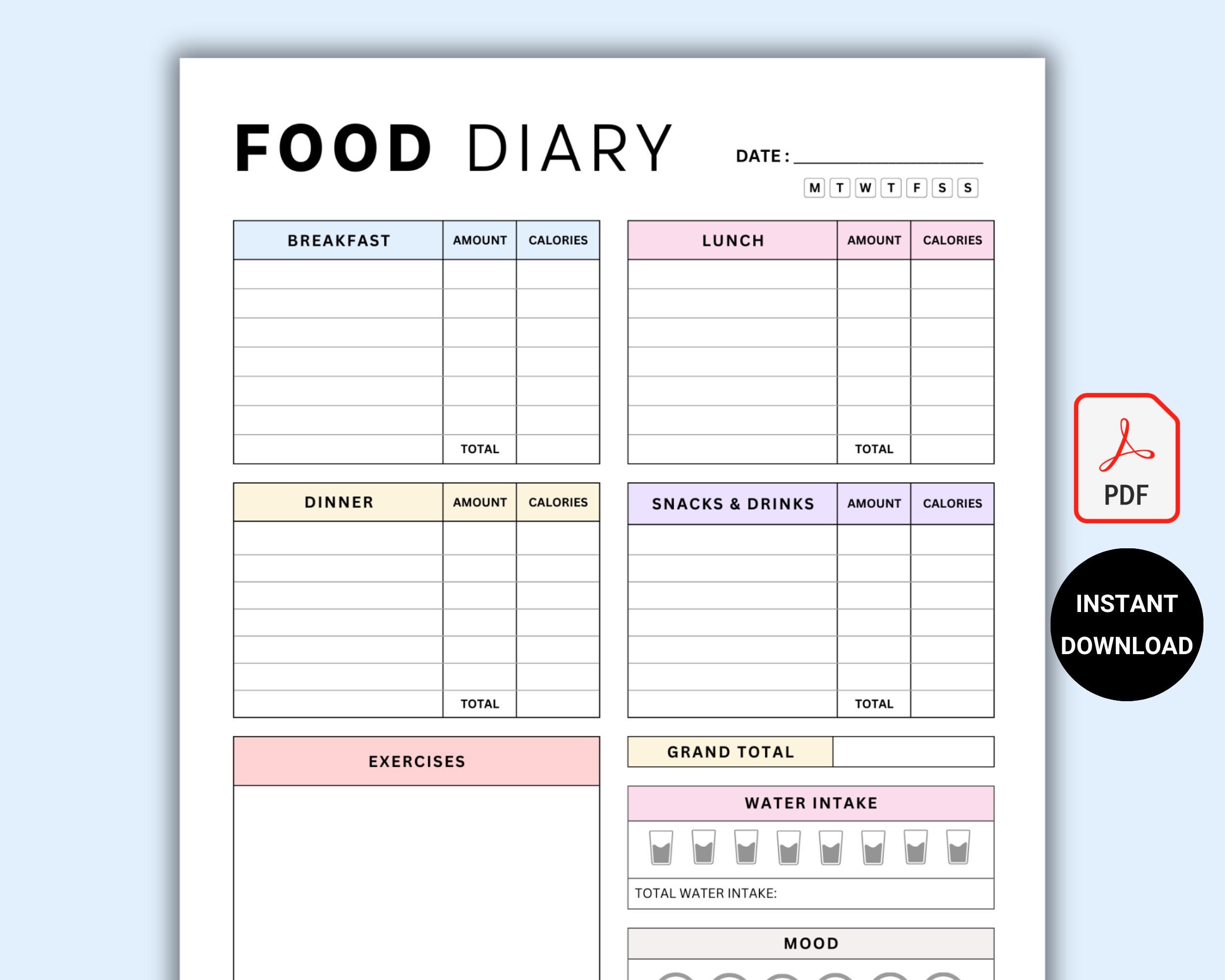 Printable Daily Food Journal. Daily Calorie Tracker. Calorie Counting ...