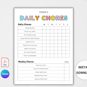 Editable Chore Chart for Kids. Printable. Kids Daily Weekly Responsibility Chart. Kids Chore List. Kids Daily Routine Checklist. PDF. Canva.