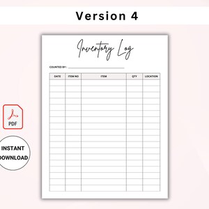 Puede incluir: Una plantilla de registro de inventario imprimible con el t&iacute;tulo "Inventory Log" en letra cursiva. La plantilla tiene columnas para la fecha, el n&uacute;mero de art&iacute;culo, el art&iacute;culo, la cantidad y la ubicaci&oacute;n.