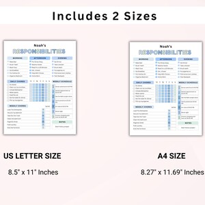 K&ouml;nnte beinhalten: Zwei Aufgabenlisten mit der Bezeichnung "Noah's Verantwortlichkeiten" werden gezeigt, eine im US Letter-Format (21,59 cm x 27,94 cm) und die andere im A4-Format (21 cm x 29,7 cm). Die Listen haben ein blau-wei&szlig;es Design mit Abschnitten f&uuml;r Aufgaben am Morgen, Nachmittag und Abend.