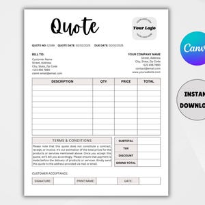 Price Quotation Form EDITABLE Small Business Price Quote Price Quote Business Quote Contractor Quote Form Price Estimate Canva Template