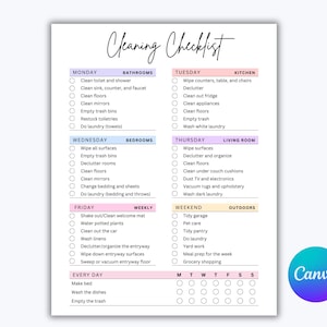May include: A printable cleaning checklist with a pink and purple color scheme. The checklist is divided into daily, weekly, and monthly tasks. The days of the week are listed across the top, and the tasks are listed below. The checklist includes tasks for the bathroom, bedroom, kitchen, living room, and outdoors.