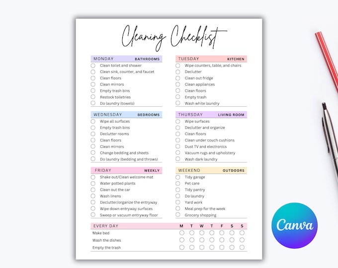 EDITABLE Cleaning Checklist. Weekly Cleaning Schedule. ADHD Cleaning ...