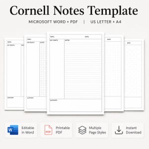 May include: A Cornell Notes template digital document set featuring Microsoft Word and PDF formats in US Letter and A4 sizes. The white pages display black lines, grids, and dot grid layouts with sections for topic, date, key points, notes, and summary.