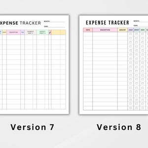 Puede incluir: Se muestran dos plantillas de seguimiento de gastos, Versi&oacute;n 7 y Versi&oacute;n 8, una al lado de la otra. Cada plantilla presenta un dise&ntilde;o de cuadr&iacute;cula con columnas para el seguimiento de gastos. El texto "EXPENSE TRACKER" est&aacute; en la parte superior de cada p&aacute;gina.