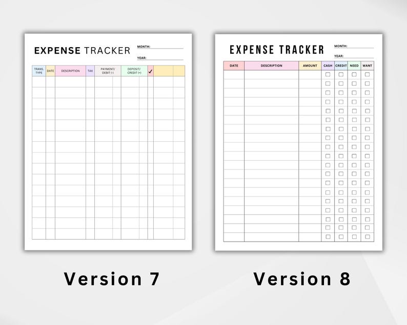Puede incluir: Se muestran dos plantillas de seguimiento de gastos, Versi&oacute;n 7 y Versi&oacute;n 8, una al lado de la otra. Cada plantilla presenta un dise&ntilde;o de cuadr&iacute;cula con columnas para el seguimiento de gastos. El texto "EXPENSE TRACKER" est&aacute; en la parte superior de cada p&aacute;gina.