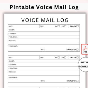 Registro de correio de voz em PDF para impressão, rastreador de correio de voz, registro de correio de voz, modelo de correio de voz, livro de registro de chamadas telefônicas, lista de chamadas telefônicas, caderno de correio de voz
