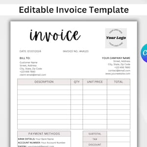 May include: Editable invoice template with a gray background. The template includes sections for billing information, description, quantity, unit price, total, payment methods, subtotal, tax, and discount. The template also includes a space for a logo.