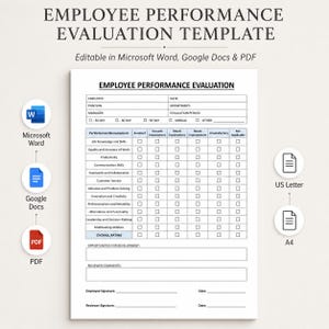 Puede incluir: Una plantilla de evaluación del desempeño de empleados con una cuadrícula para mediciones, casillas de verificación para calificaciones y secciones para desarrollo y firmas. Incluye iconos para Microsoft Word, Google Docs, PDF, US Letter y A4.