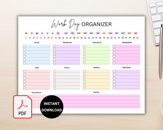 Work Day Planner, Daily Productivity Checklist, PDF, Printable