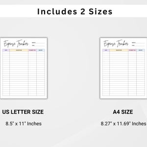 Puede incluir: Se muestran dos plantillas de seguimiento de gastos, una en tama&ntilde;o US Letter (21,6 cm x 27,9 cm) y otra en tama&ntilde;o A4 (21 cm x 29,7 cm). Cada plantilla tiene un encabezado con campos para la fecha, la descripci&oacute;n, el tipo de pago y la cantidad. El texto "Expense Tracker" est&aacute; escrito en la parte superior.