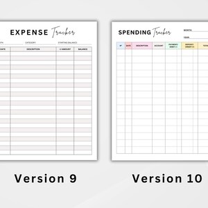 Puede incluir: Dos plantillas de seguimiento de gastos imprimibles en blanco. Una est&aacute; etiquetada como "Expense Tracker" y la otra como "Spending Tracker". Ambas tienen secciones para fechas, descripciones e importes. La parte inferior de la imagen dice "Version 9" y "Version 10".