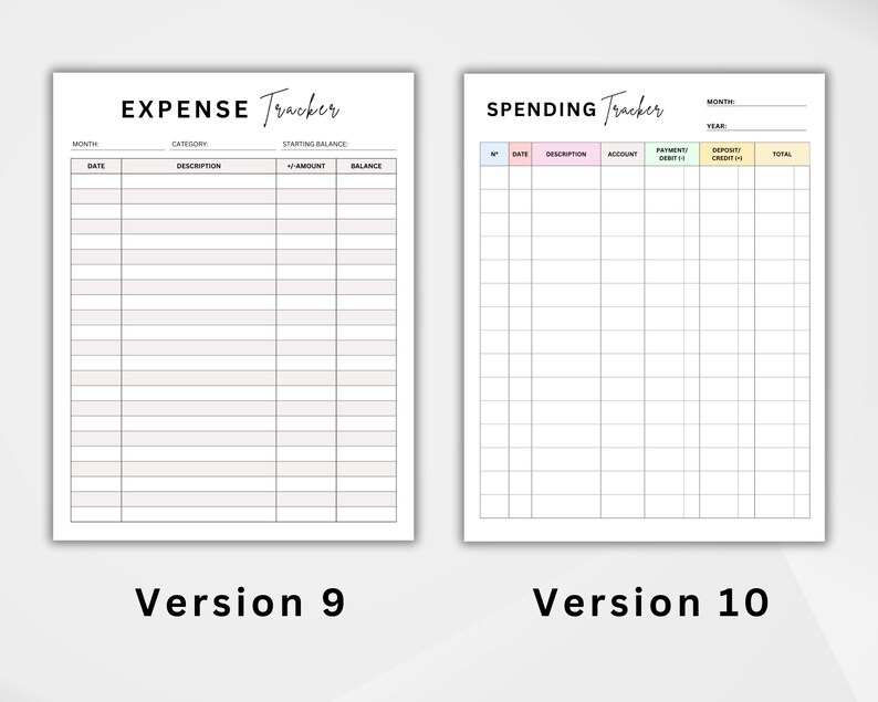 Puede incluir: Dos plantillas de seguimiento de gastos imprimibles en blanco. Una est&aacute; etiquetada como "Expense Tracker" y la otra como "Spending Tracker". Ambas tienen secciones para fechas, descripciones e importes. La parte inferior de la imagen dice "Version 9" y "Version 10".
