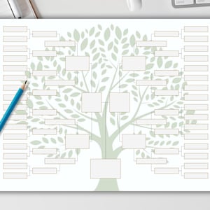 May include: A printable family tree chart with a green tree design and blank spaces for names. The chart is designed to be filled in with names of family members.