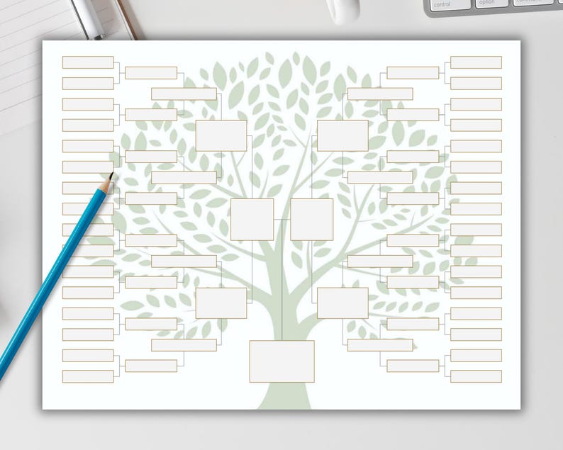 May include: A printable family tree chart with a green tree design and blank spaces for names. The chart is designed to be filled in with names of family members.