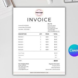 Simple Invoice Form Template Editable, Custom Invoice Small Business, Printable Billing Template, Professional Invoice Form Editable