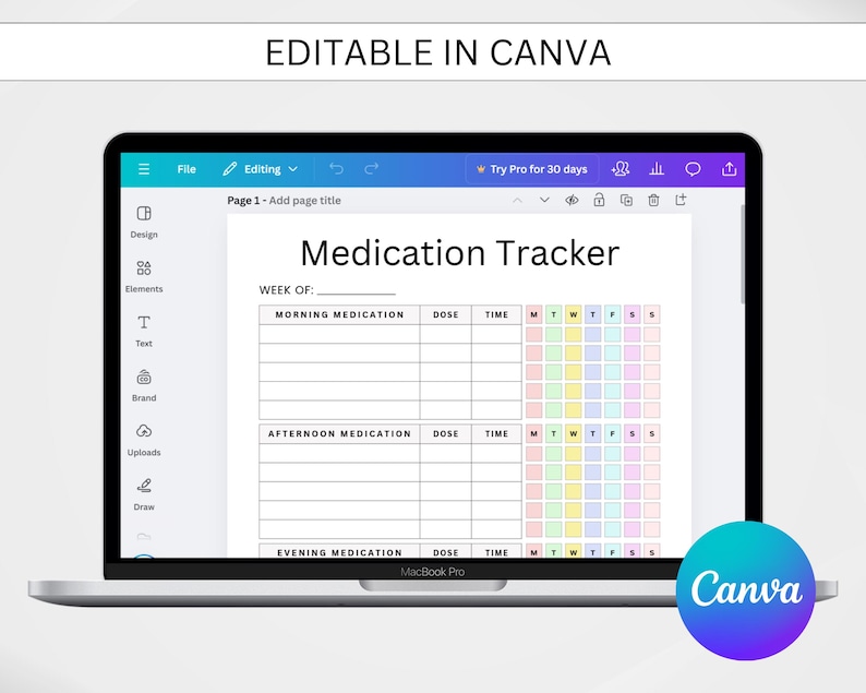 May include: A screenshot of a medication tracker template on a laptop screen. The template is designed in Canva and has a colorful pastel design. The template includes sections for morning, afternoon, and evening medication, as well as columns for dose, time, and days of the week.