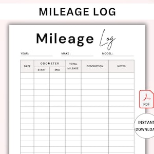 May include: A printable mileage log template with columns for date, odometer start and end readings, total mileage, description, and notes. The template is labeled "Mileage Log" with a handwritten "Log" in cursive.