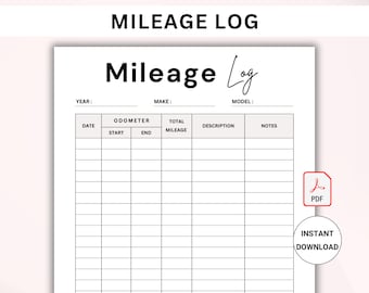 Mileage Log Printable, Vehicle Miles Tracker, Car Travel and Business Mileage Record, A4 & Letter, Instant Download PDF